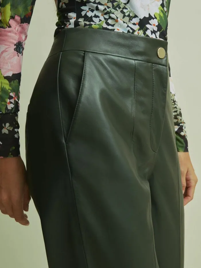 REISS Pants Women Florere Tapered Leather Trousers Khaki