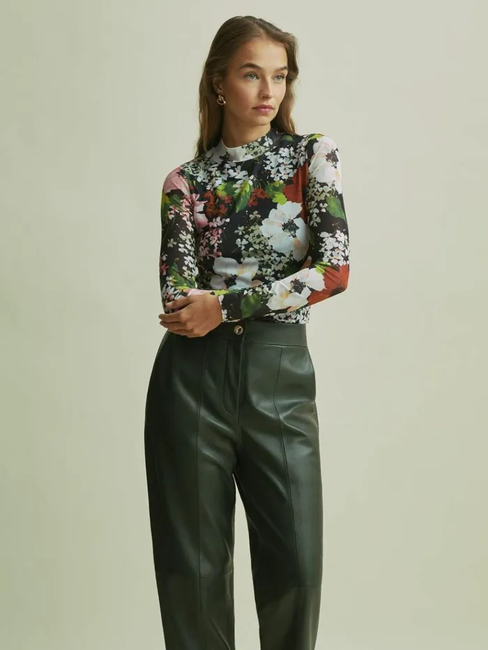 REISS Pants Women Florere Tapered Leather Trousers Khaki