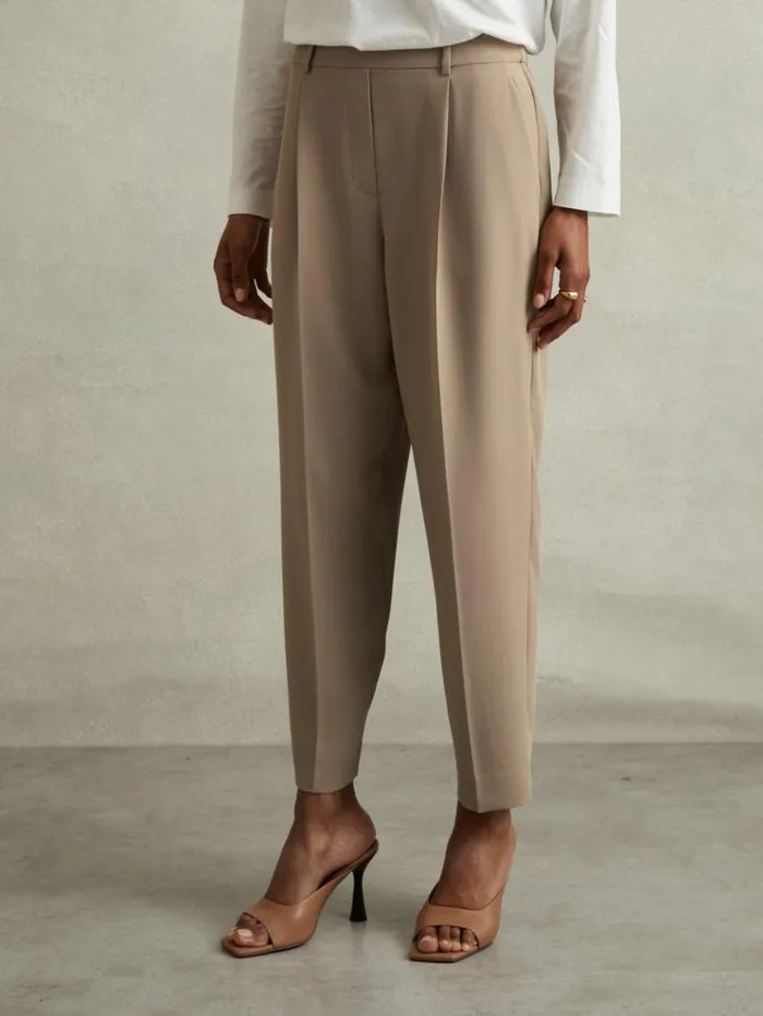 REISS Pants Women Front Pleat Tapered Trousers Mink Neutral
