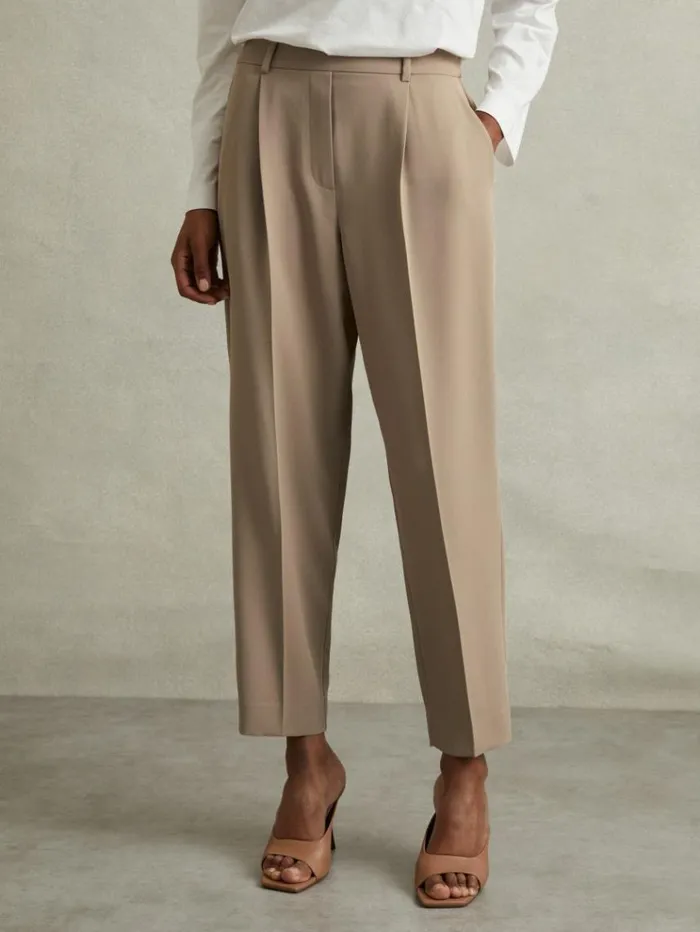 REISS Pants Women Front Pleat Tapered Trousers Mink Neutral