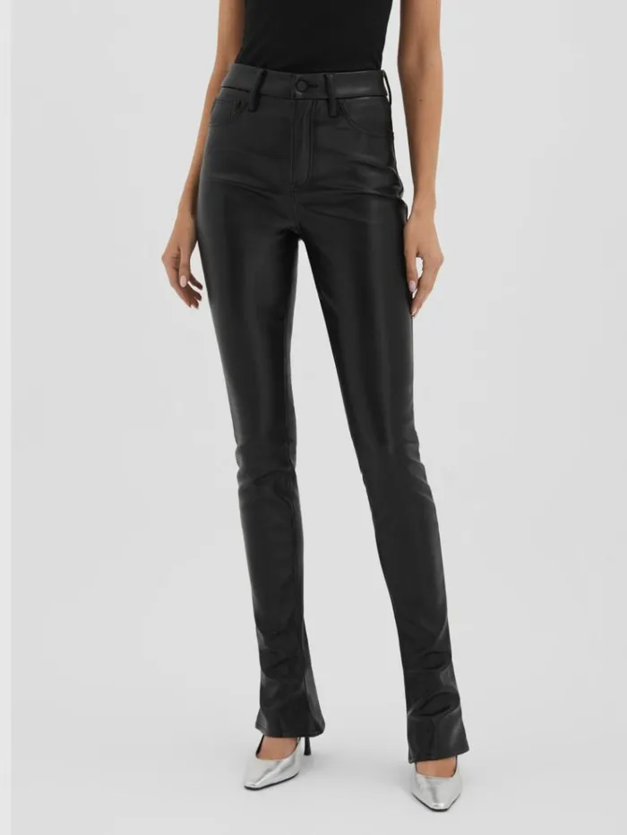 REISS Pants Women Good American Faux Leather Slim Bootcut Trousers Black