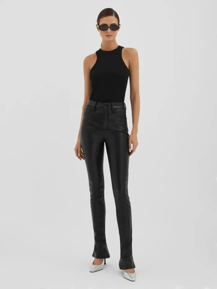 REISS Pants Women Good American Faux Leather Slim Bootcut Trousers Black