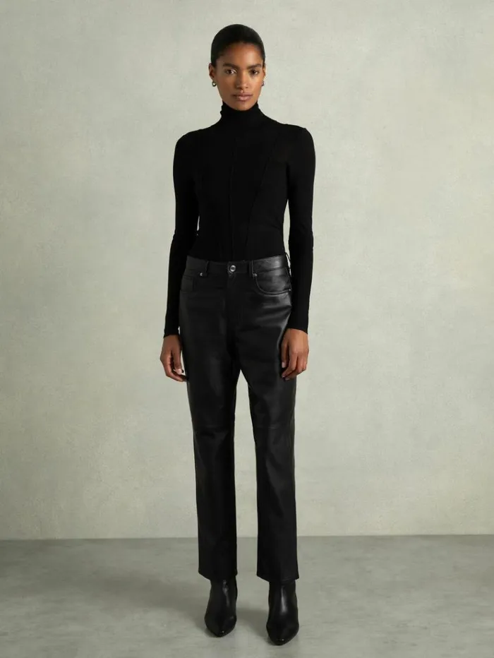 REISS Pants Women Leather SlimLeg Trousers Black