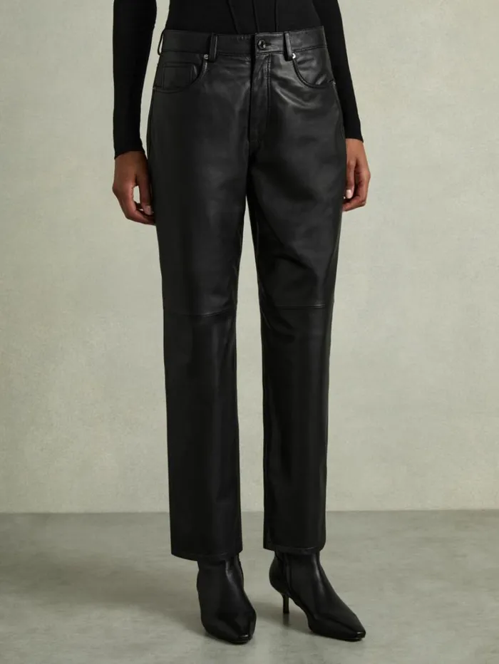REISS Pants Women Leather SlimLeg Trousers Black