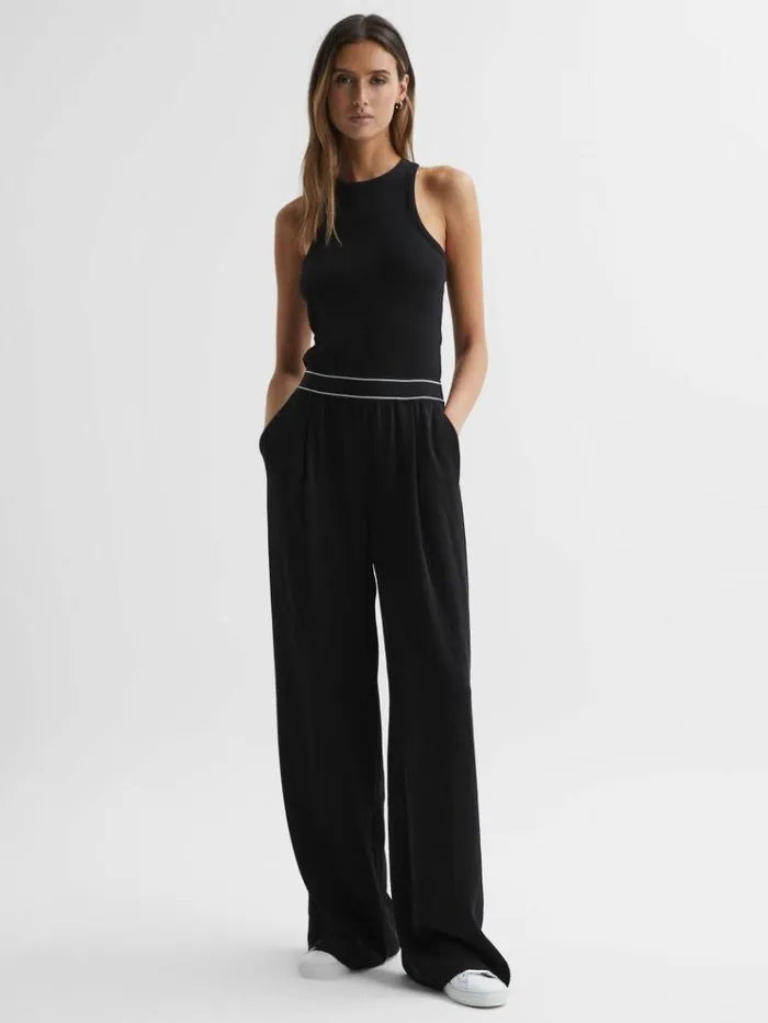 REISS Pants Women Wide Leg Elasticated Trousers Black