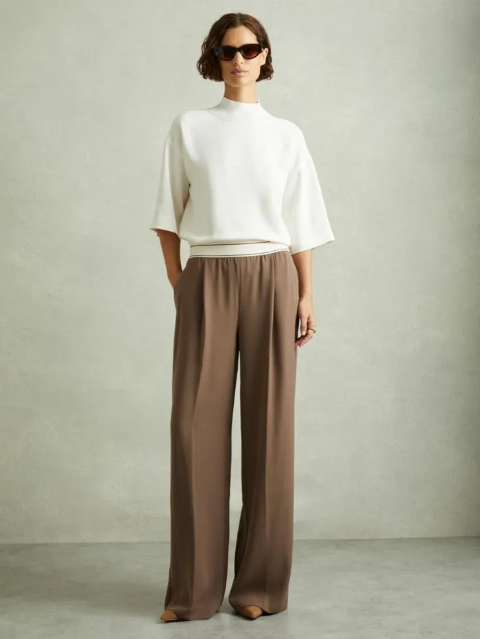 REISS Pants Women Wide Leg Elasticated Trousers Mocha Brown