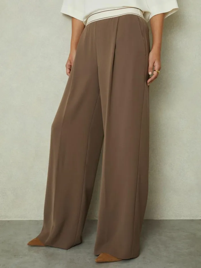 REISS Pants Women Wide Leg Elasticated Trousers Mocha Brown