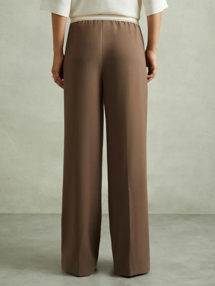 REISS Pants Women Wide Leg Elasticated Trousers Mocha Brown