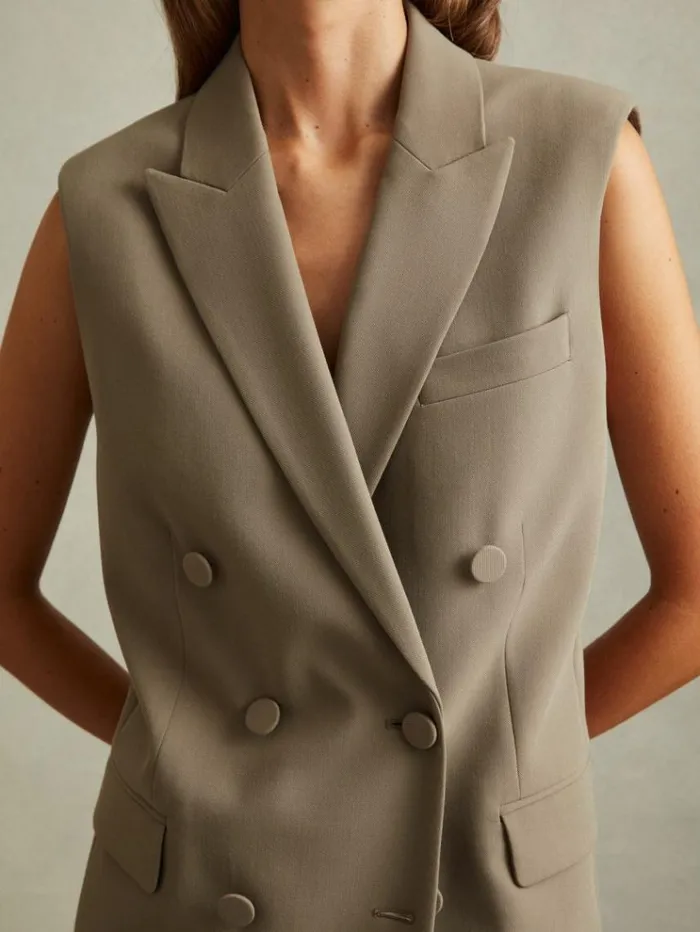REISS Petite Women Double Breasted Longline Suit Waistcoat Khaki