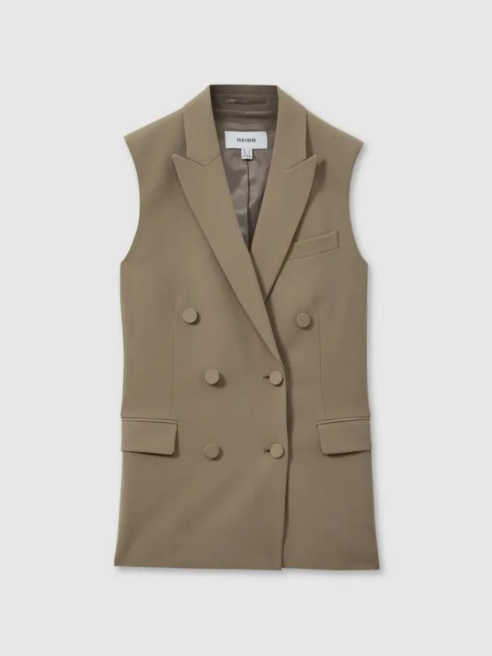 REISS Petite Women Double Breasted Longline Suit Waistcoat Khaki