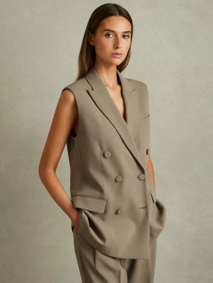 REISS Petite Women Double Breasted Longline Suit Waistcoat Khaki