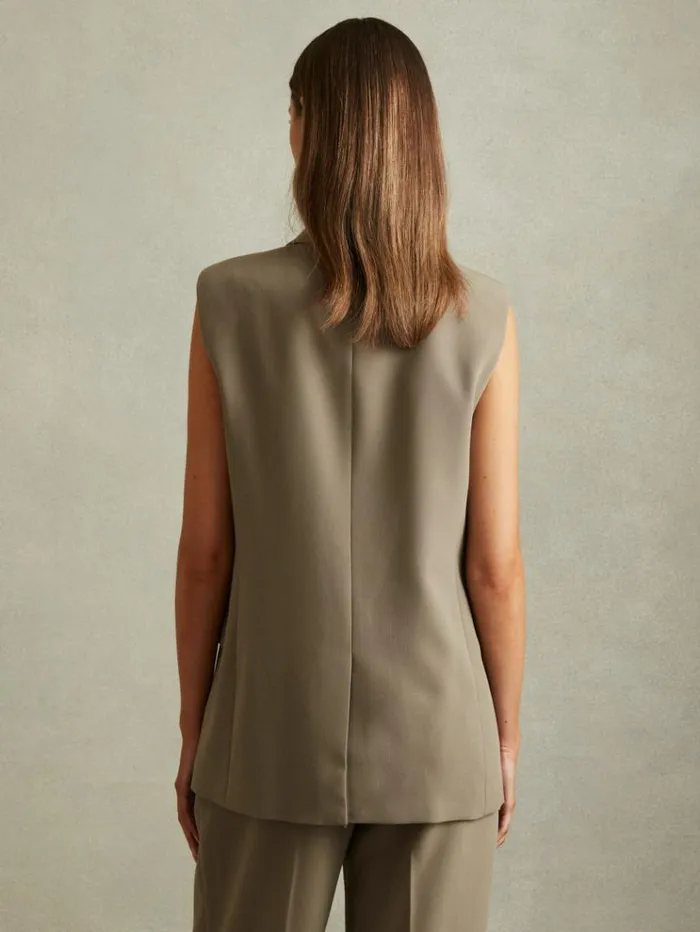 REISS Petite Women Double Breasted Longline Suit Waistcoat Khaki