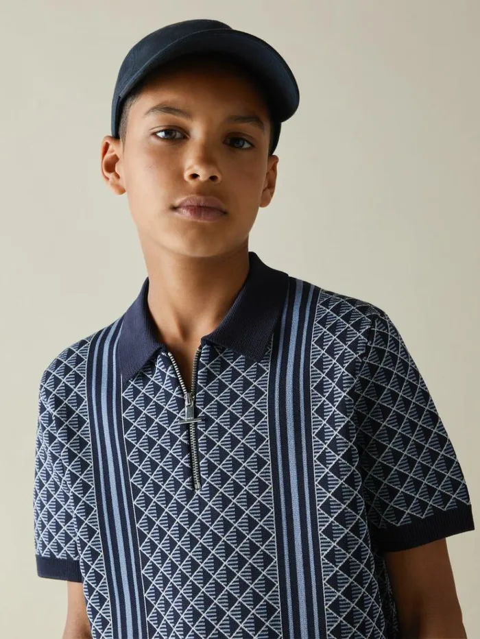 REISS Polo Shirts Children Diamond Stitch HalfZip Polo Shirt Navyairforce Blue