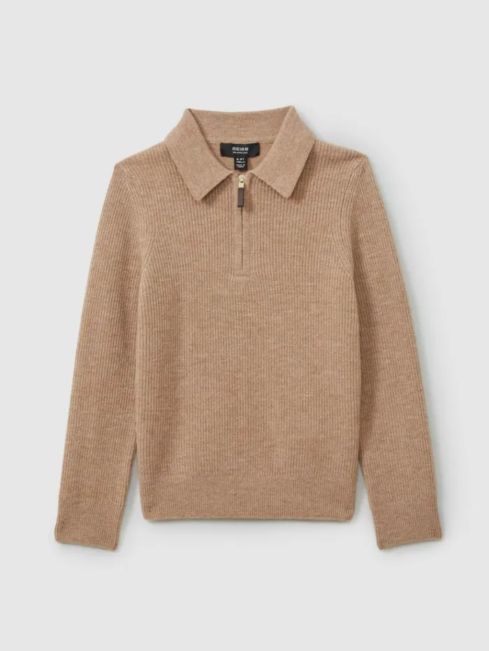 REISS Polo Shirts Children Merino Wool HalfZip Polo Shirt Soft Camel Brown