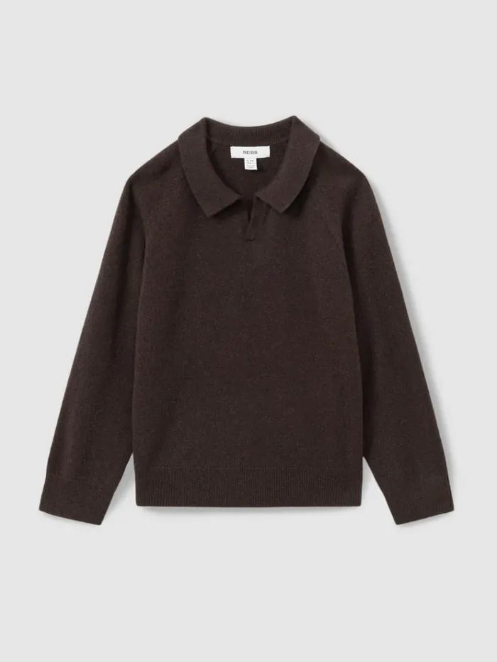 REISS Polo Shirts Children WoolCashmere Open Collar Polo Shirt Chocolate Brown