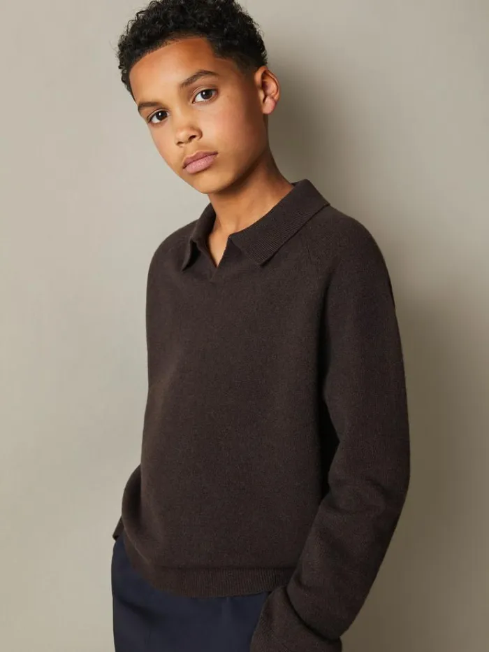 REISS Polo Shirts Children WoolCashmere Open Collar Polo Shirt Chocolate Brown