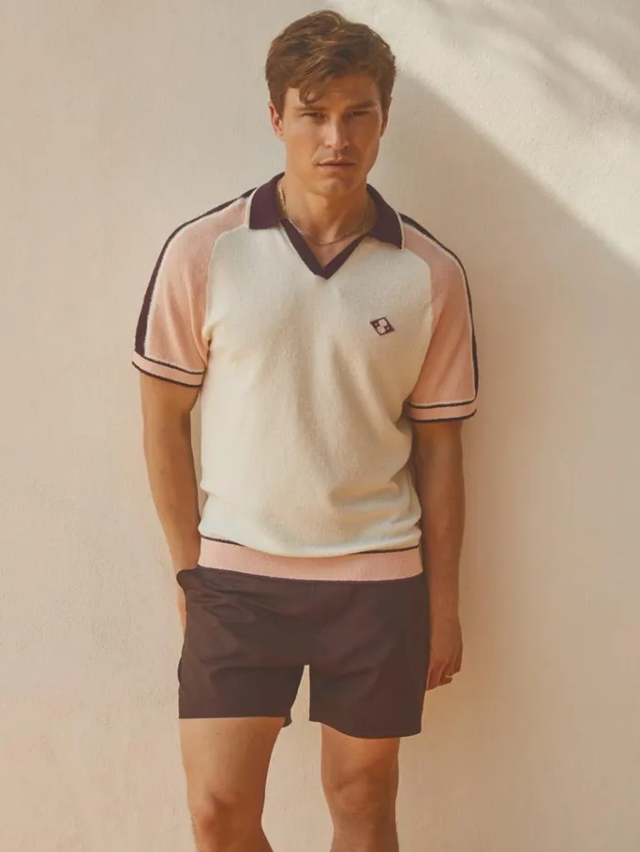 REISS Polo Shirts Men Ch Towelling OpenCollar Shirt Pink Multi