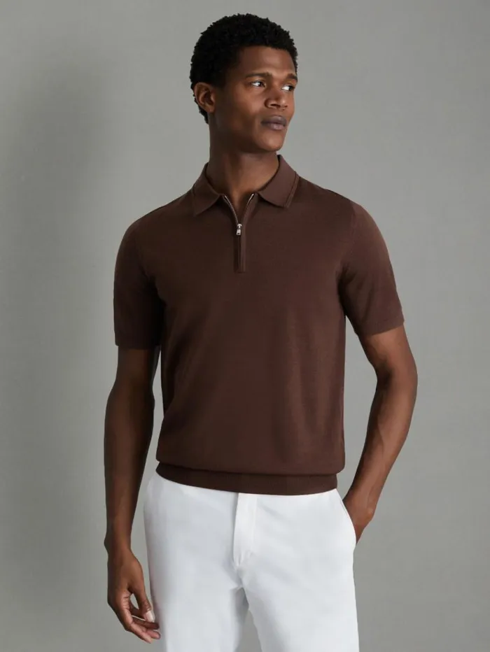 REISS Polo Shirts Men Merino Wool HalfZip Polo Shirt Treacle Brown