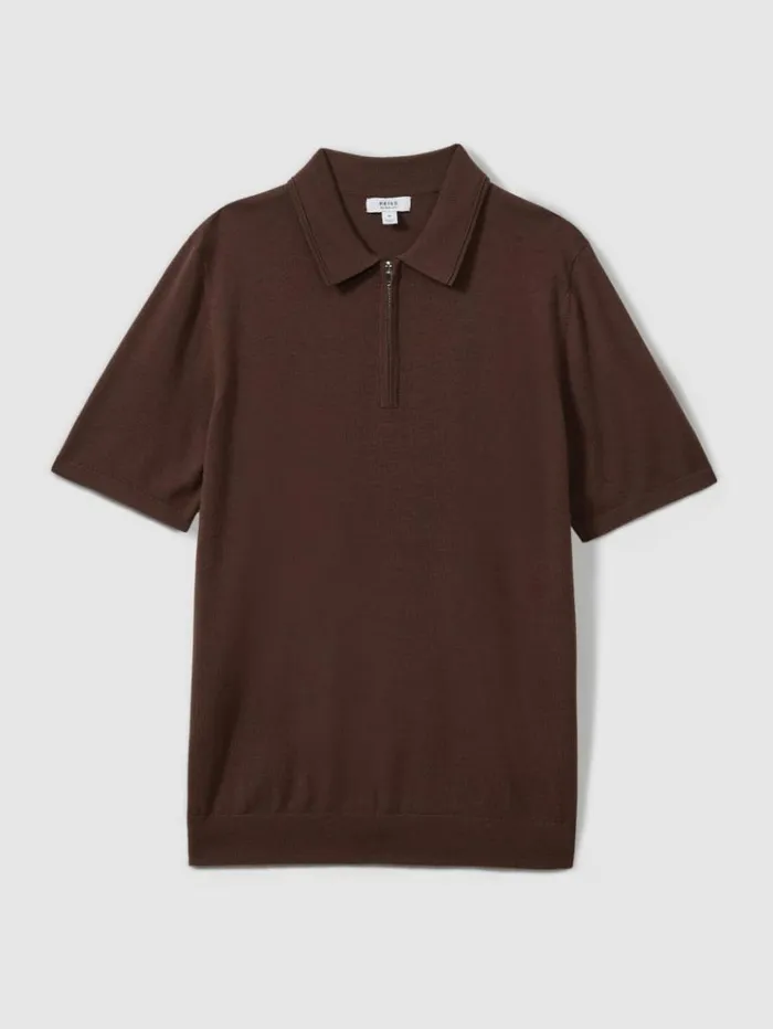 REISS Polo Shirts Men Merino Wool HalfZip Polo Shirt Treacle Brown