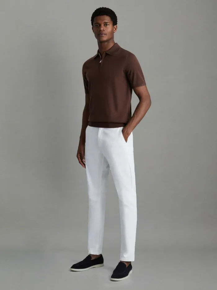 REISS Polo Shirts Men Merino Wool HalfZip Polo Shirt Treacle Brown
