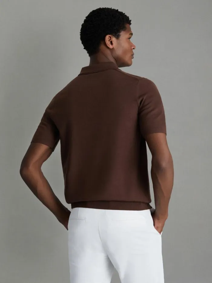 REISS Polo Shirts Men Merino Wool HalfZip Polo Shirt Treacle Brown