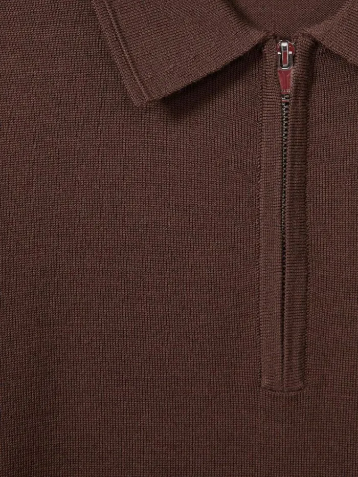 REISS Polo Shirts Men Merino Wool HalfZip Polo Shirt Treacle Brown