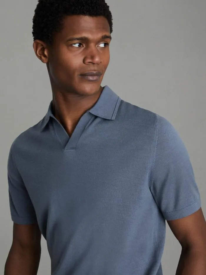REISS Polo Shirts Men Merino Wool Open Collar Polo Shirt Airforce Blue