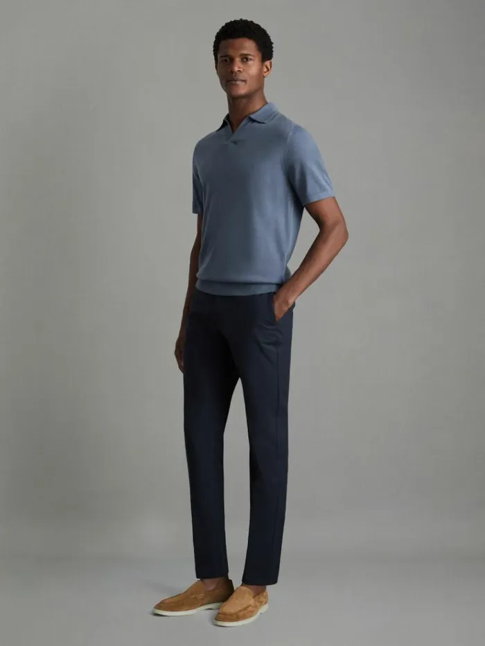 REISS Polo Shirts Men Merino Wool Open Collar Polo Shirt Airforce Blue