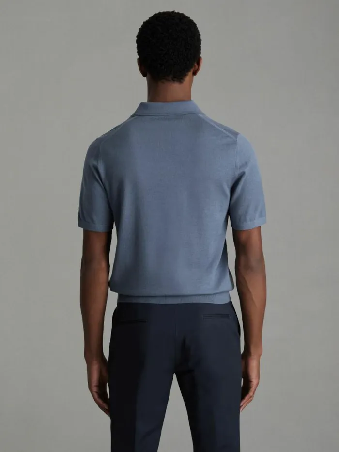 REISS Polo Shirts Men Merino Wool Open Collar Polo Shirt Airforce Blue