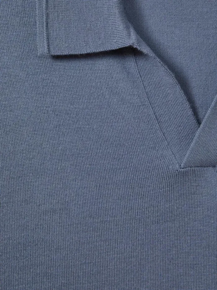 REISS Polo Shirts Men Merino Wool Open Collar Polo Shirt Airforce Blue
