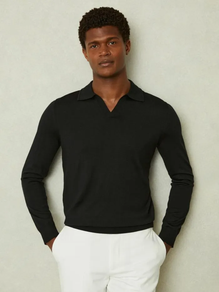 REISS Polo Shirts Men Merino Wool Open Collar Polo Shirt Black