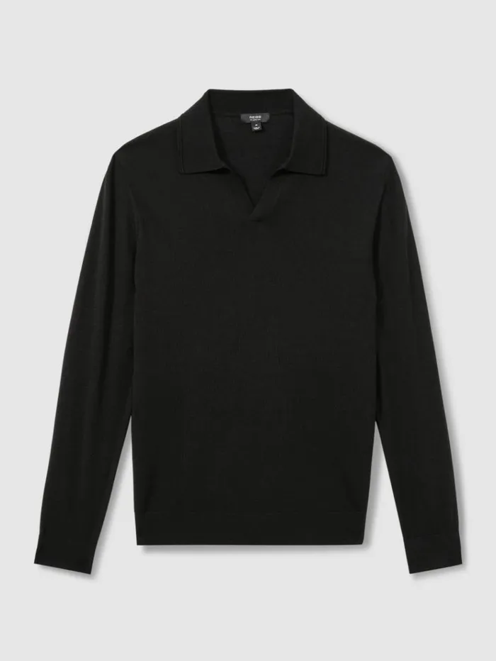 REISS Polo Shirts Men Merino Wool Open Collar Polo Shirt Black