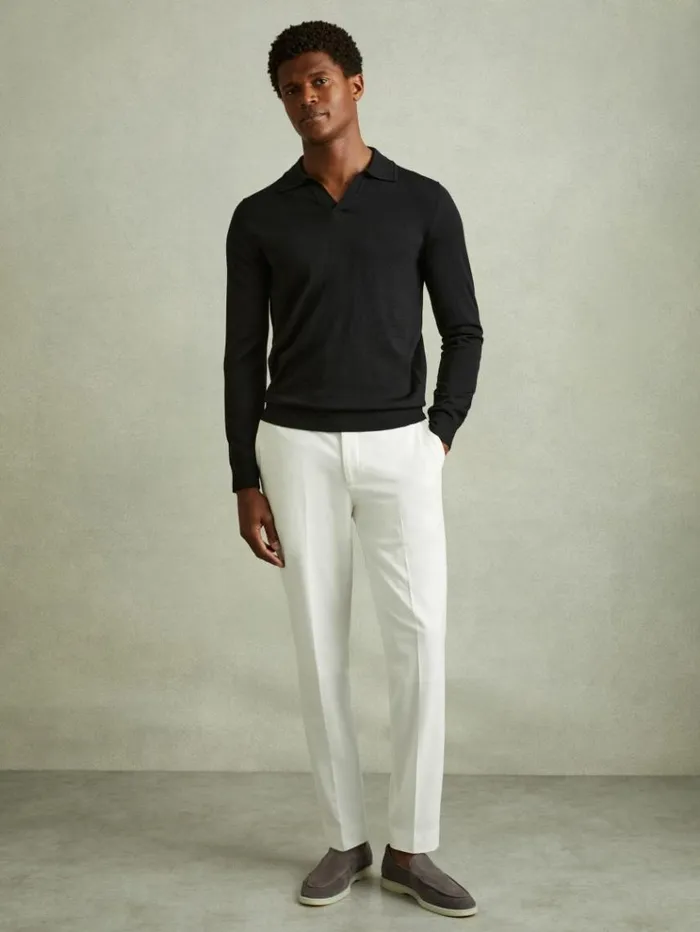 REISS Polo Shirts Men Merino Wool Open Collar Polo Shirt Black