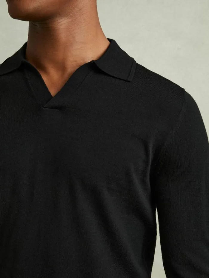 REISS Polo Shirts Men Merino Wool Open Collar Polo Shirt Black