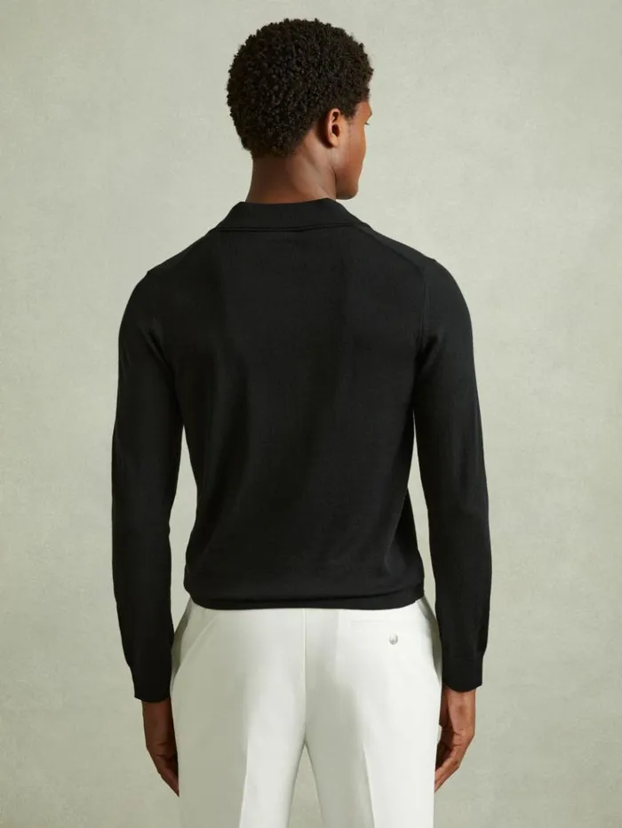REISS Polo Shirts Men Merino Wool Open Collar Polo Shirt Black