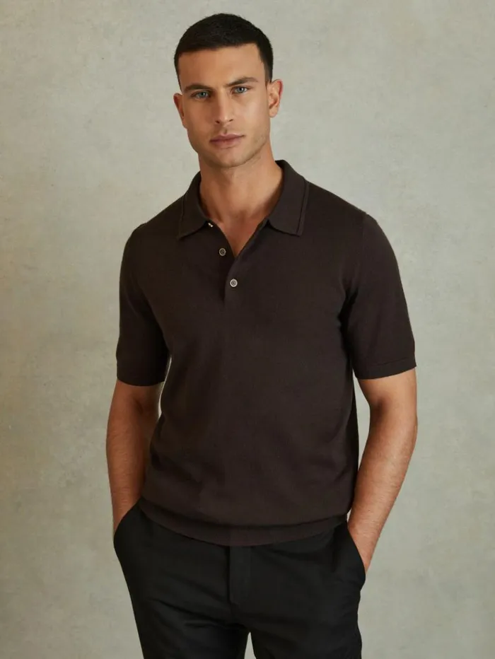 REISS Polo Shirts Men Merino Wool Polo Shirt Coco Brown