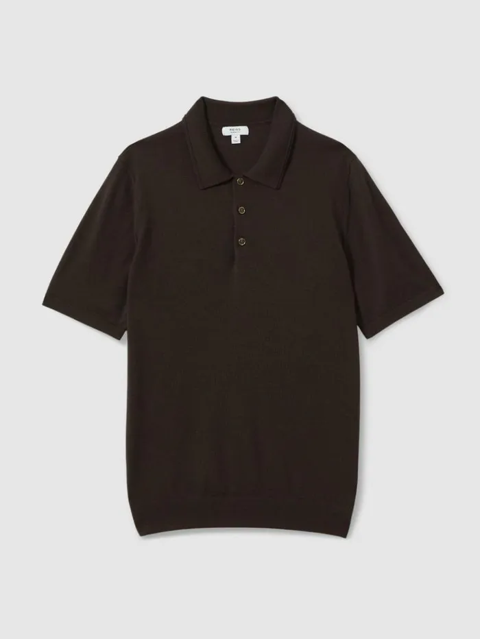 REISS Polo Shirts Men Merino Wool Polo Shirt Coco Brown