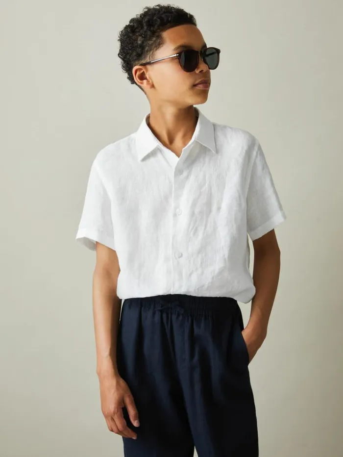 REISS Shirts Children Linen Cutaway Collar Shirt White