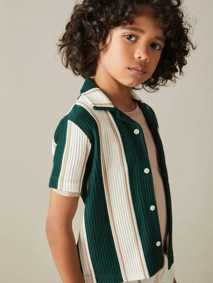 REISS Shirts Children Ribbed Cuban Collar Shirt Forest Green Off White Soft Camel Brown REISS Shirts Children Ribbed Cuban Collar Shirt Forest Green Off White Soft Camel Brown