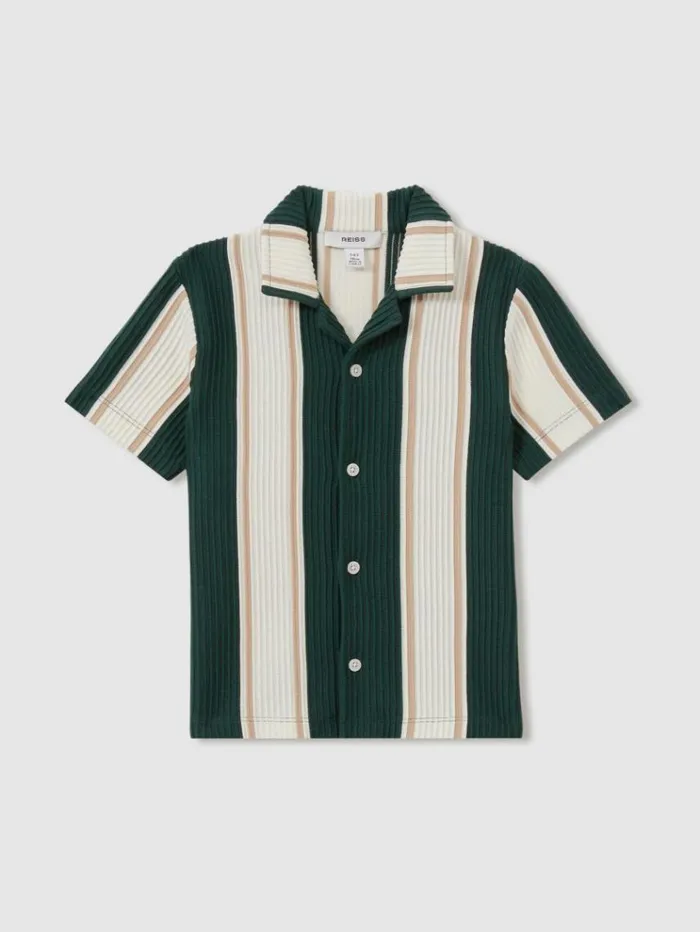 REISS Shirts Children Ribbed Cuban Collar Shirt Forest Green Off White Soft Camel Brown