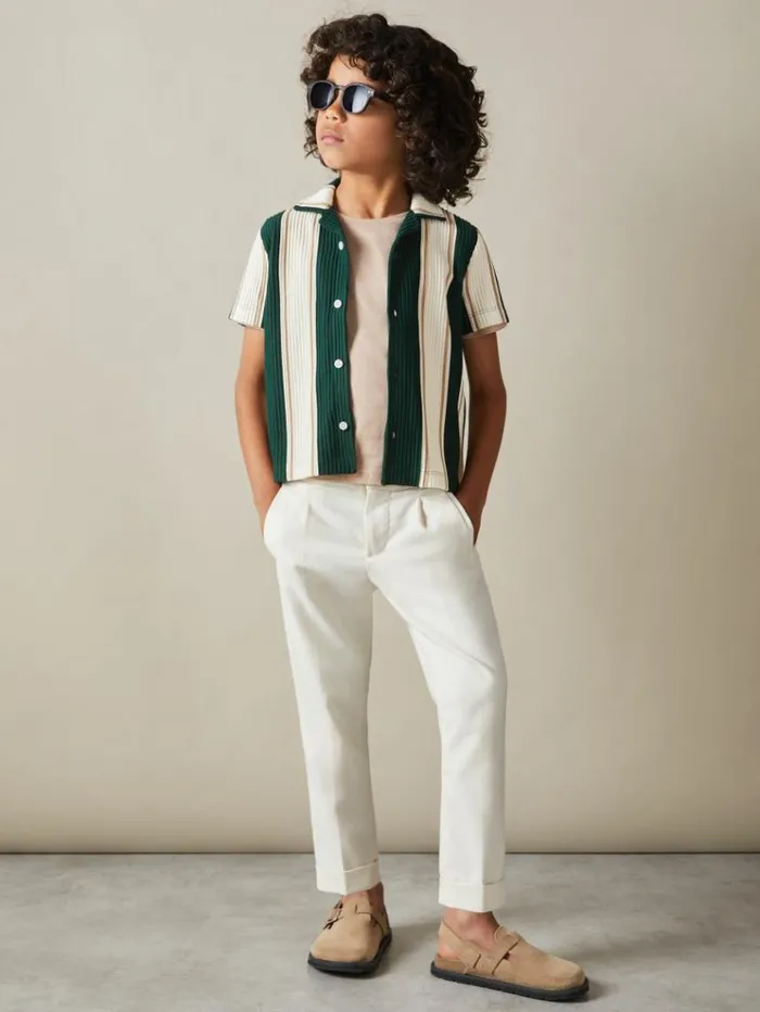 REISS Shirts Children Ribbed Cuban Collar Shirt Forest Green Off White Soft Camel Brown