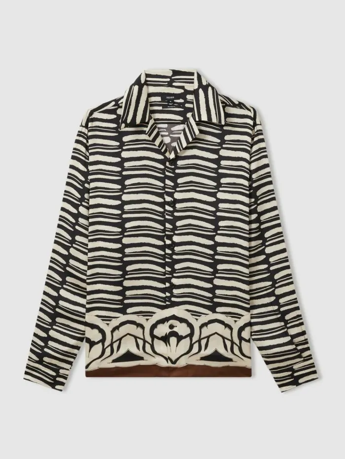 REISS Shirts Men AbstractPrint Twill CubanCollar Shirt Blackwhite