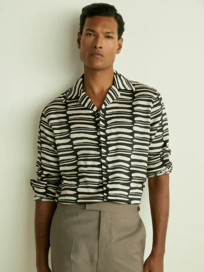 REISS Shirts Men AbstractPrint Twill CubanCollar Shirt Blackwhite