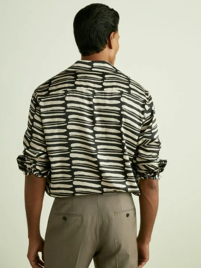 REISS Shirts Men AbstractPrint Twill CubanCollar Shirt Blackwhite