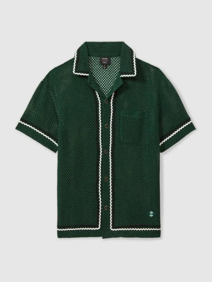 REISS Shirts Men Ch Crochet Contrast Trim Cuban Collar Shirt Dark Green