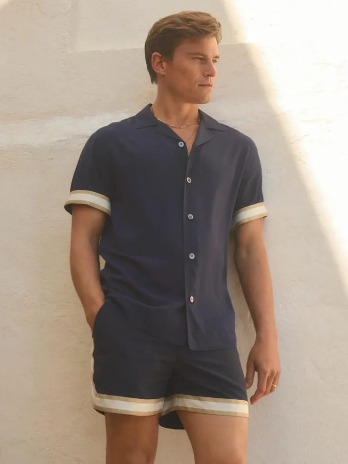 REISS Shirts Men Ch Cuff Detail Cuban Collar Shirt Navy