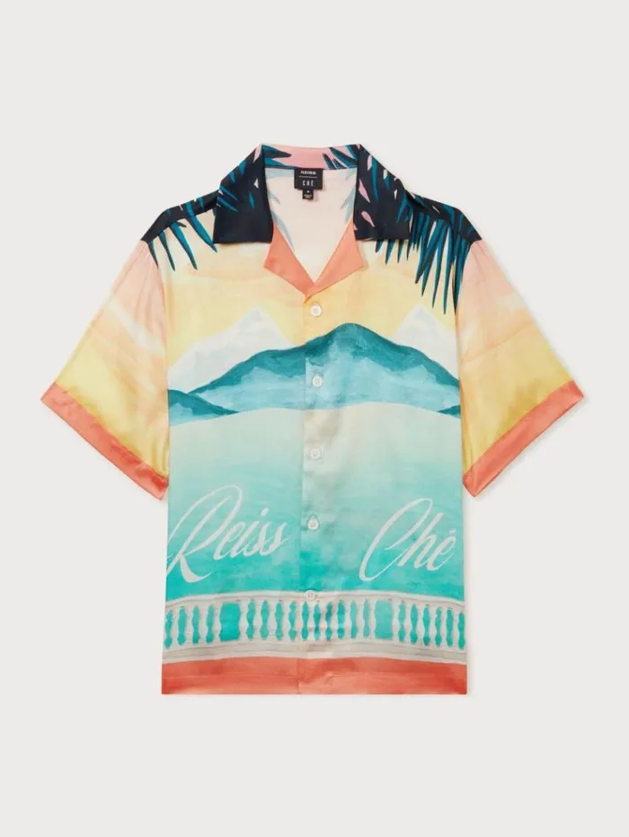 REISS Shirts Men Ch HandPainted Cuban Collar Shirt Pink Multi