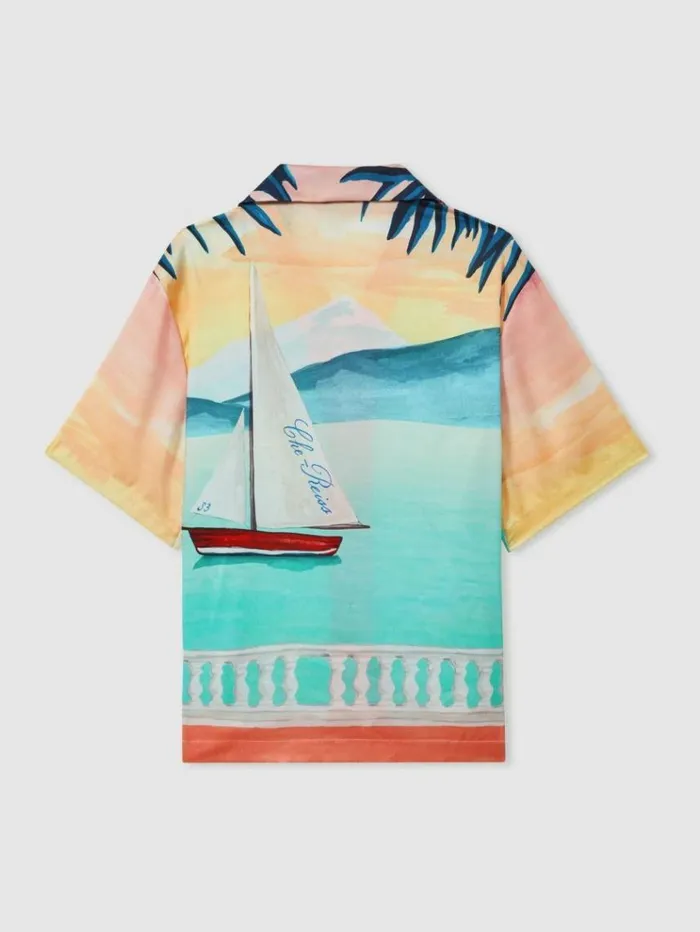 REISS Shirts Men Ch HandPainted Cuban Collar Shirt Pink Multi