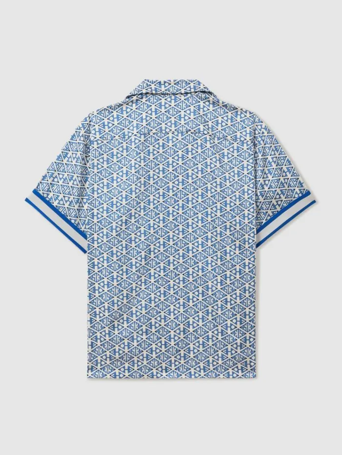 REISS Shirts Men Ch Monogram Print Cuff Detail Cuban Collar Shirt Bright Bluewhite