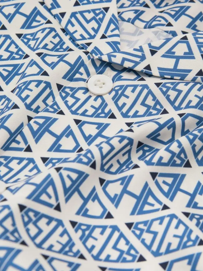 REISS Shirts Men Ch Monogram Print Cuff Detail Cuban Collar Shirt Bright Bluewhite